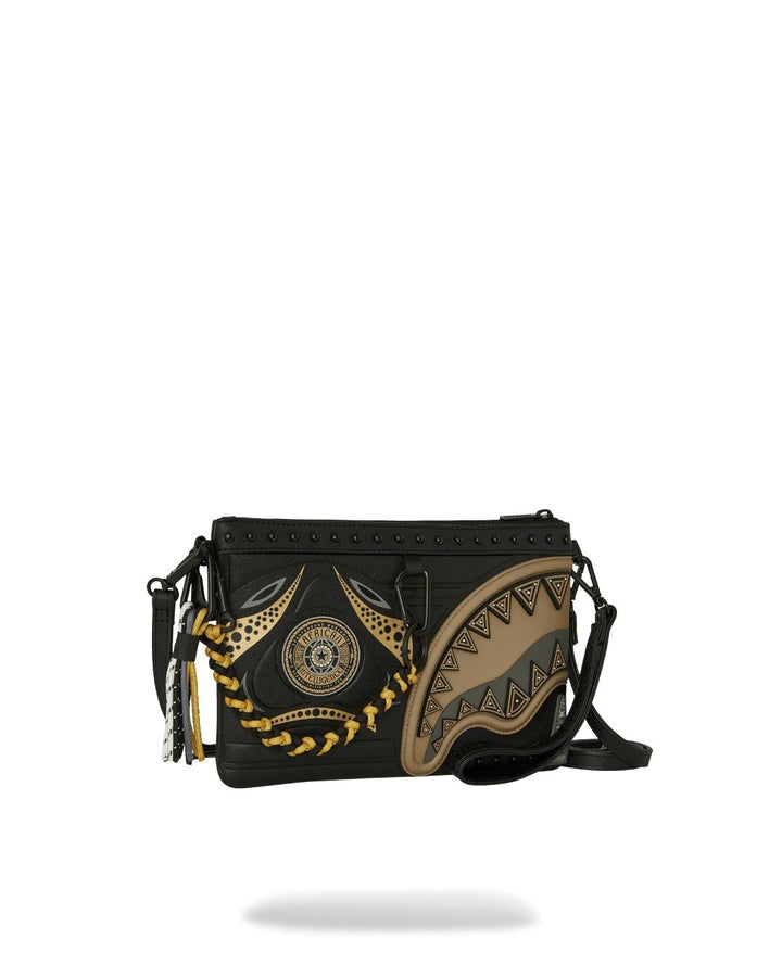 Sprayground AI WONDERLAND GOLD AND BLACK CROSSOVER CLUTCH